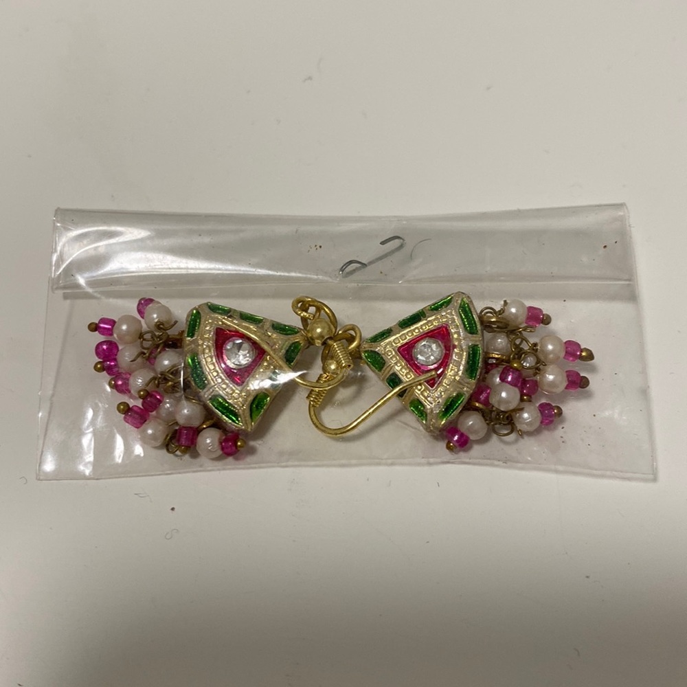 Pink green and gold earrings